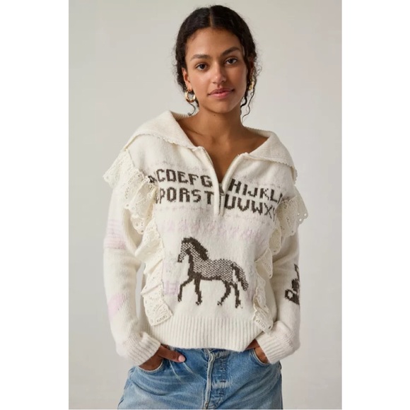 Urban Outfitters Sweaters - Urban Outfitters Kimchi Blue Paloma Lace Trim Horse Print Quarter Zip Pullover